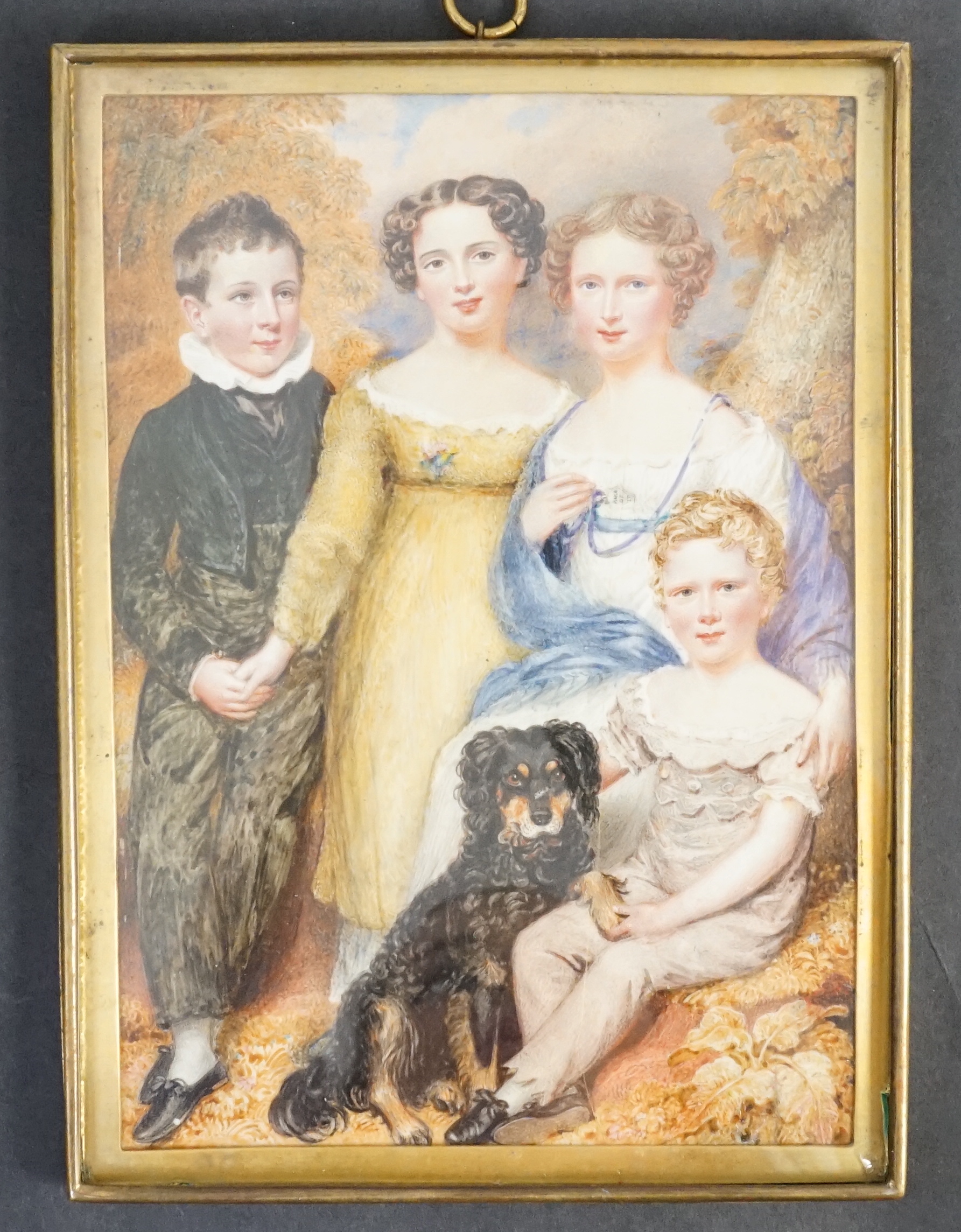 Walter Stephens Lethbridge (British, 1771-1831), Portrait miniature of a mother, her three children and a spaniel, watercolour on ivory, 18.5 x 13cm. CITES Submission reference ZVESWDPS